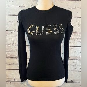 GUESS Sweater Crewneck Rhinestone Logo Front Black-Small